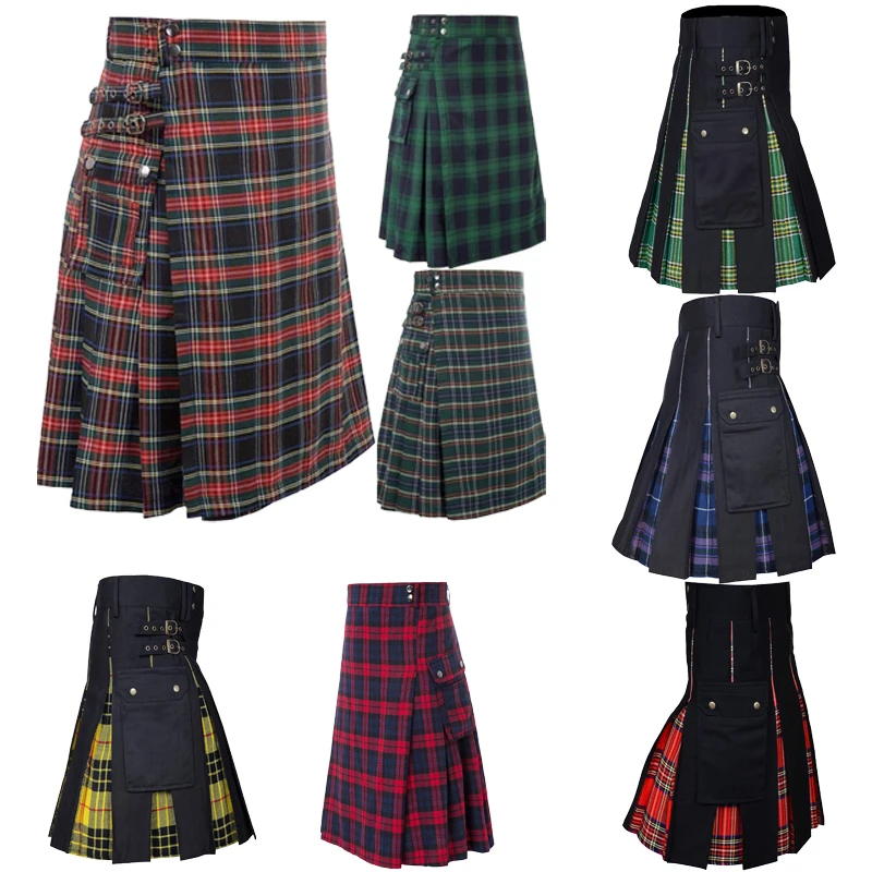 

2026 Винтажная юбка с пряжкой в шотландском стиле для мужчин и женщин, многоцветные клетчатые лоскутные контрастные плиссированные юбки для выступлений на сцене