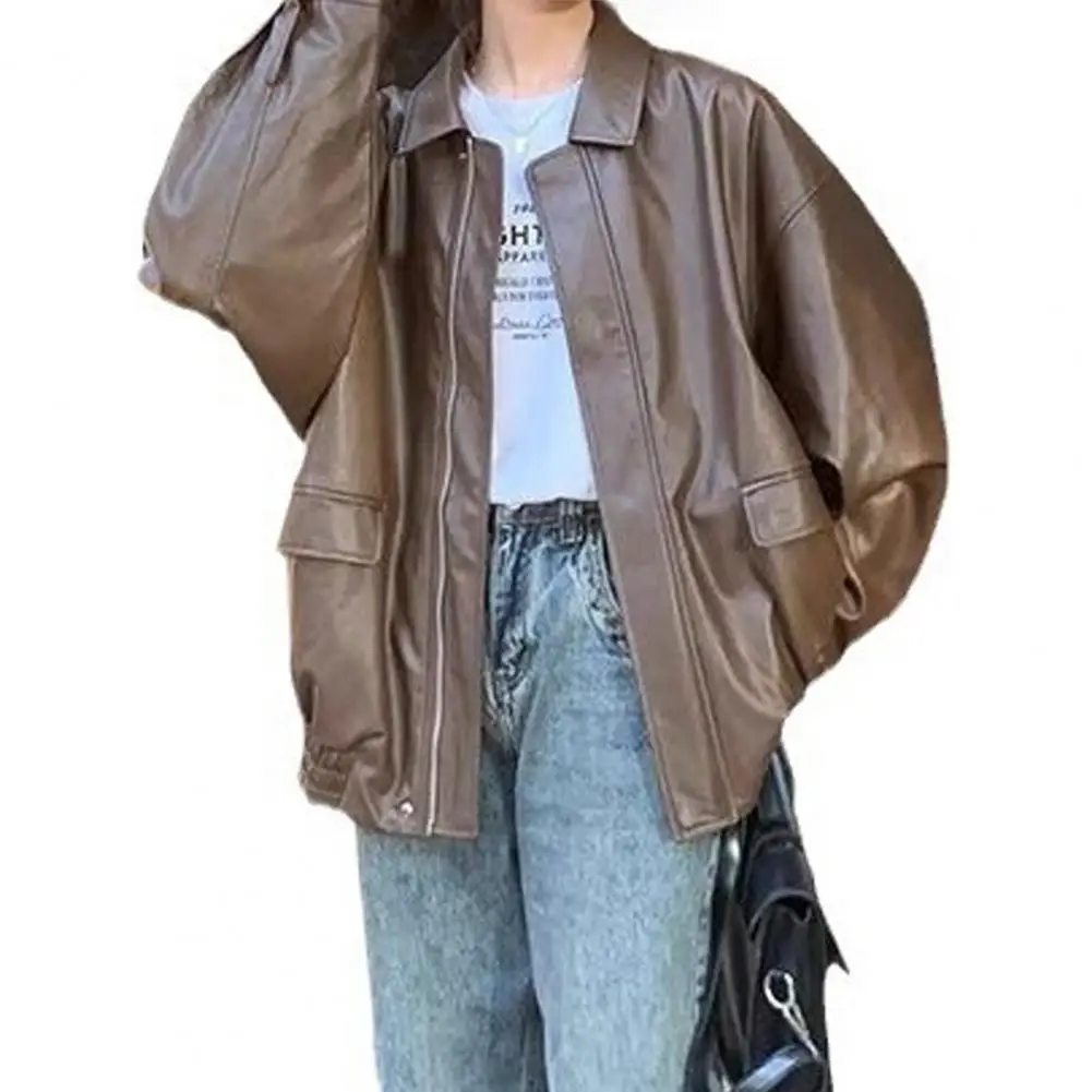 Women Jacket Faux Leather Smooth Surface Turn-down Collar Zip-up Long Sleeves Elastic Hem Pockets Retro Motorcycle Coat