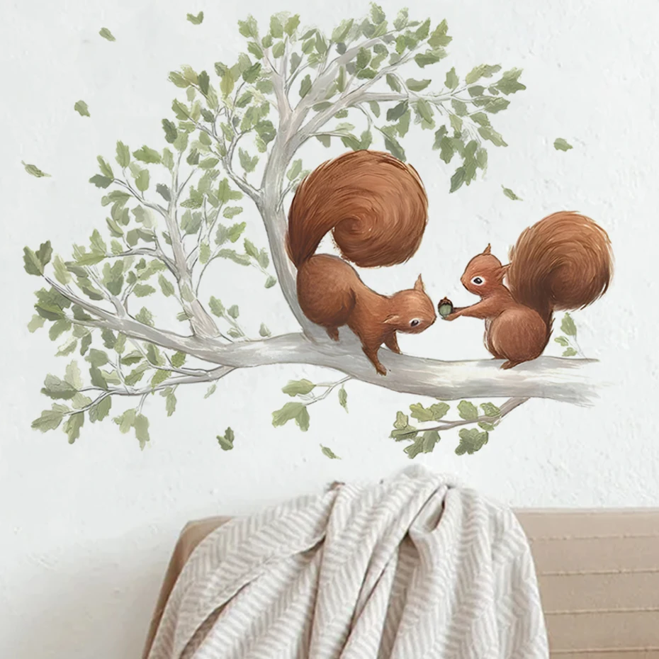 Cartoon Forest Squirrel Wall Sticker Creative Wallpaper Squirrel in a Tree Children\'s Room Nursery Classroom Decorative Stickers