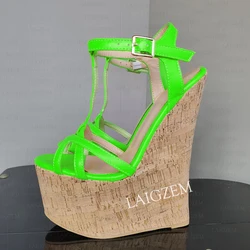 LAIGZEM Women Platform Wedges Sandals 20CM High Heels Pumps T Straps Party Show Handmade Ladies Shoes Woman Big Size 41 43 46 47