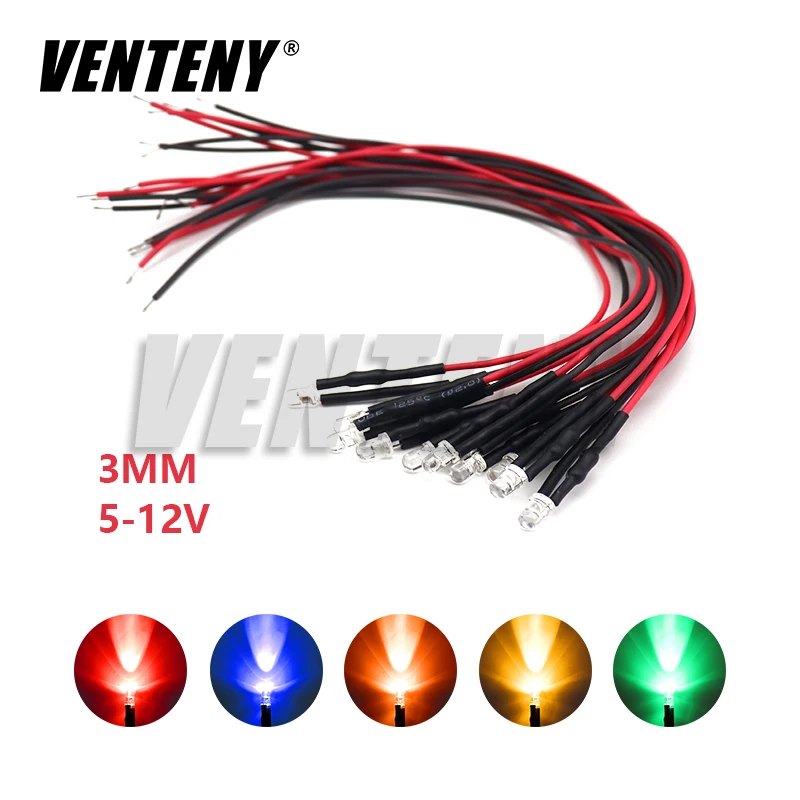 10PCS 3mm LED 5-12V 20cm Pre-wired White Red Green Blue Yellow UV RGB Diode Lamp Decoration Light Emitting Diodes Pre-soldered