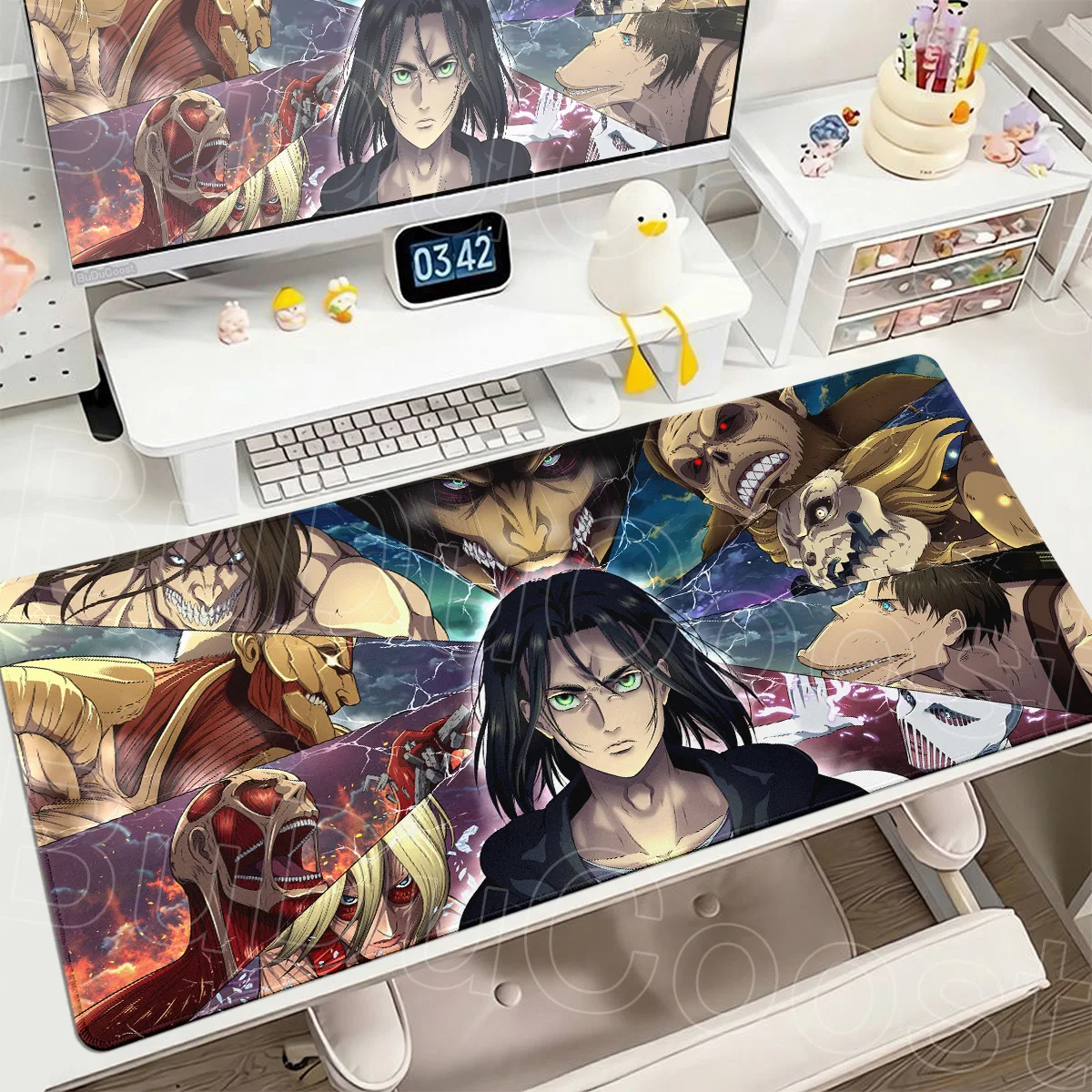 Large Computer Gamer Cabinet Kawaii Anime Attack on Titan Mikasa Ackerman Mouse Pad Stitch Edge 400x900mm Non-slip Keyboard Rugs
