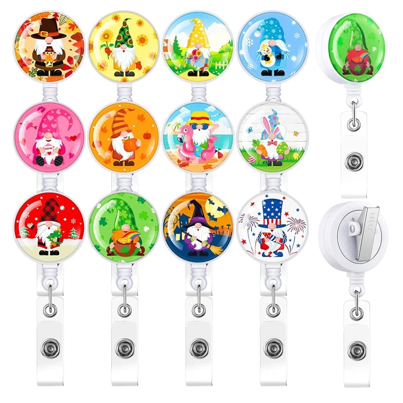 Porta credencial decorativo con clip, carrete retráctil para tarjeta de nombre de gnomos lindos