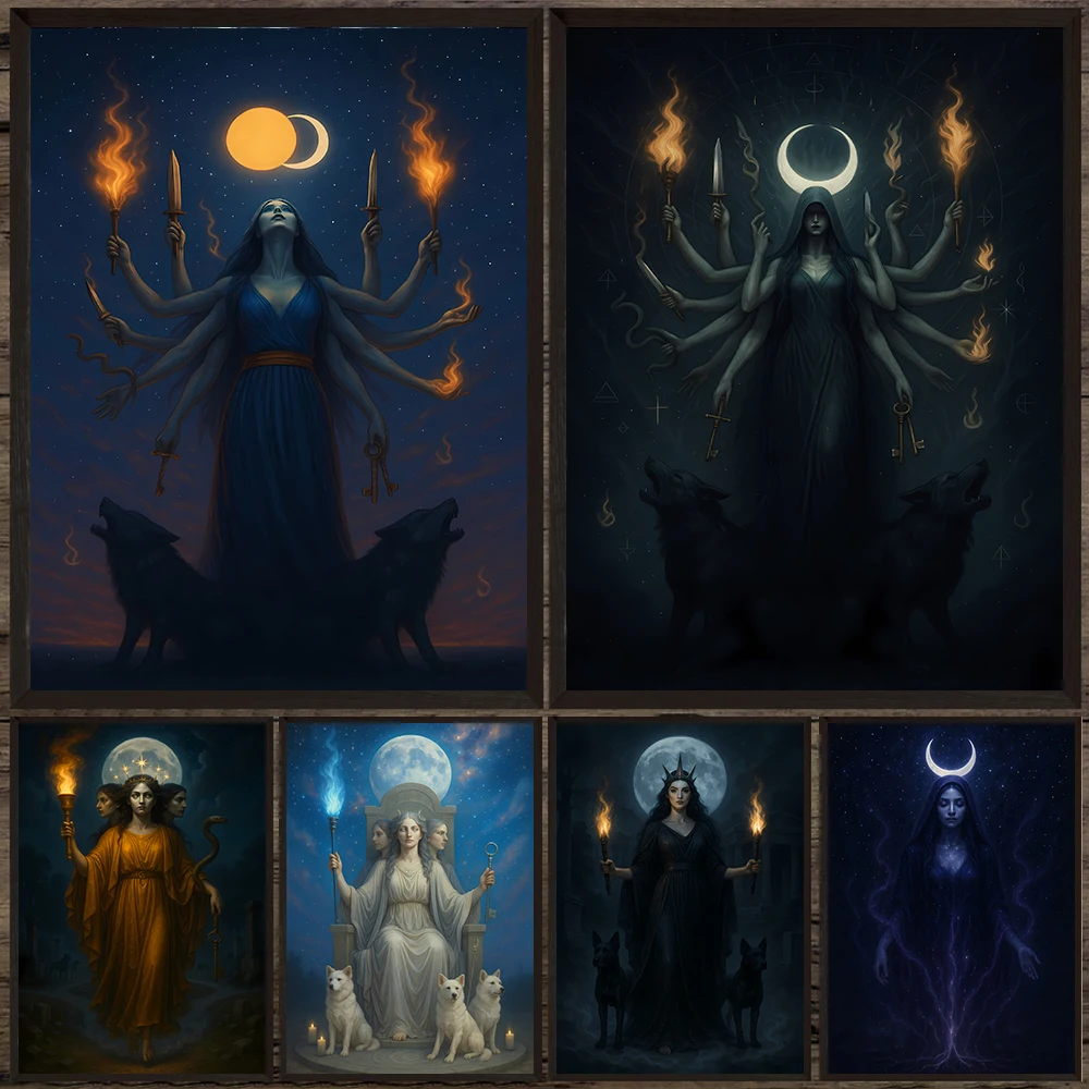 Triple-bodied Goddess Of Greek Religion And Mythology Vintage Wall Art Canvas Painting,Hecate Goddess Abstract Art Poster Print