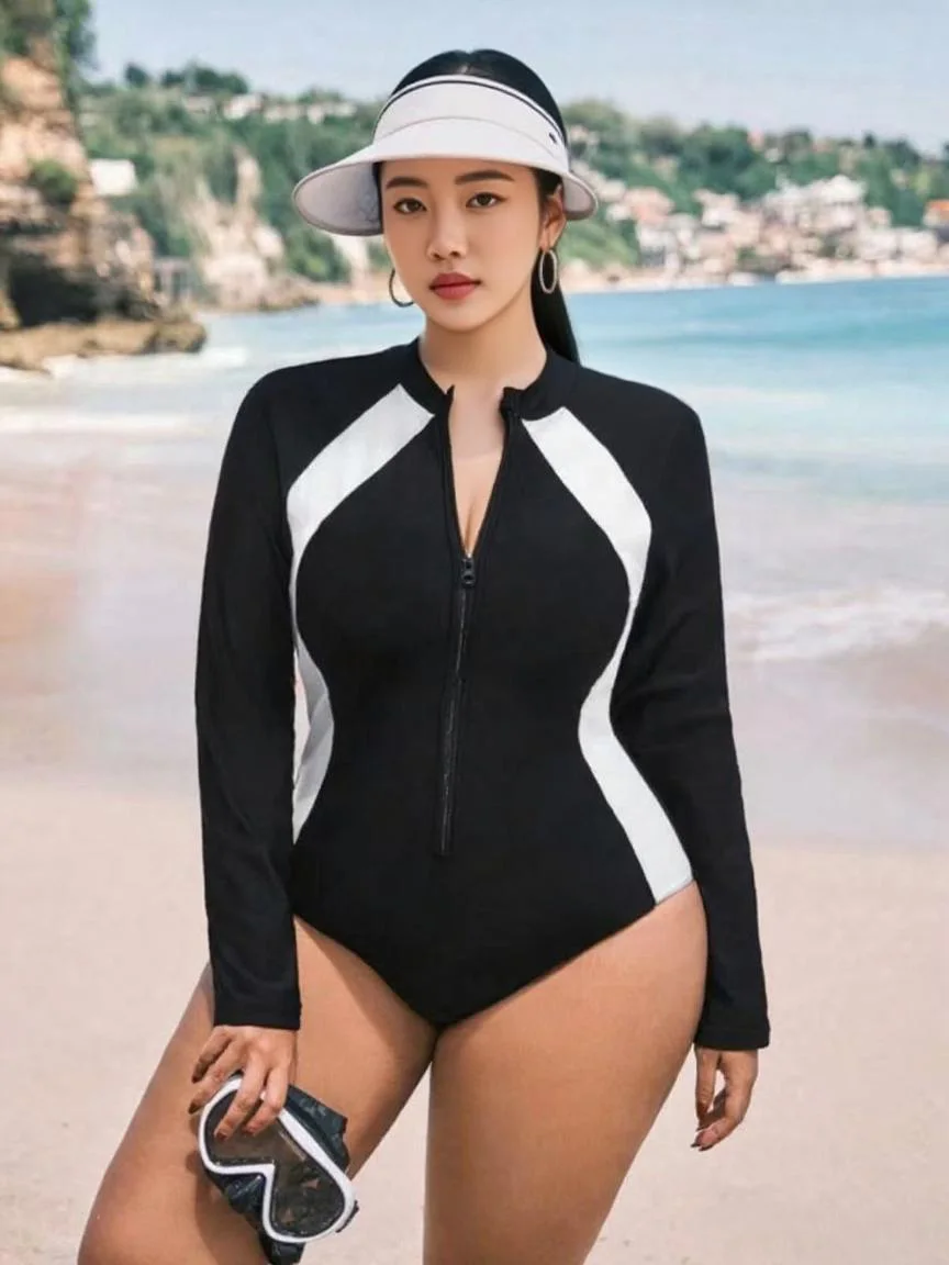 

Women's One-Piece Swimsuit Long Sve Zipper Slimming Large Size Sunscreen Conservative Swimwear High Elastici Nylon