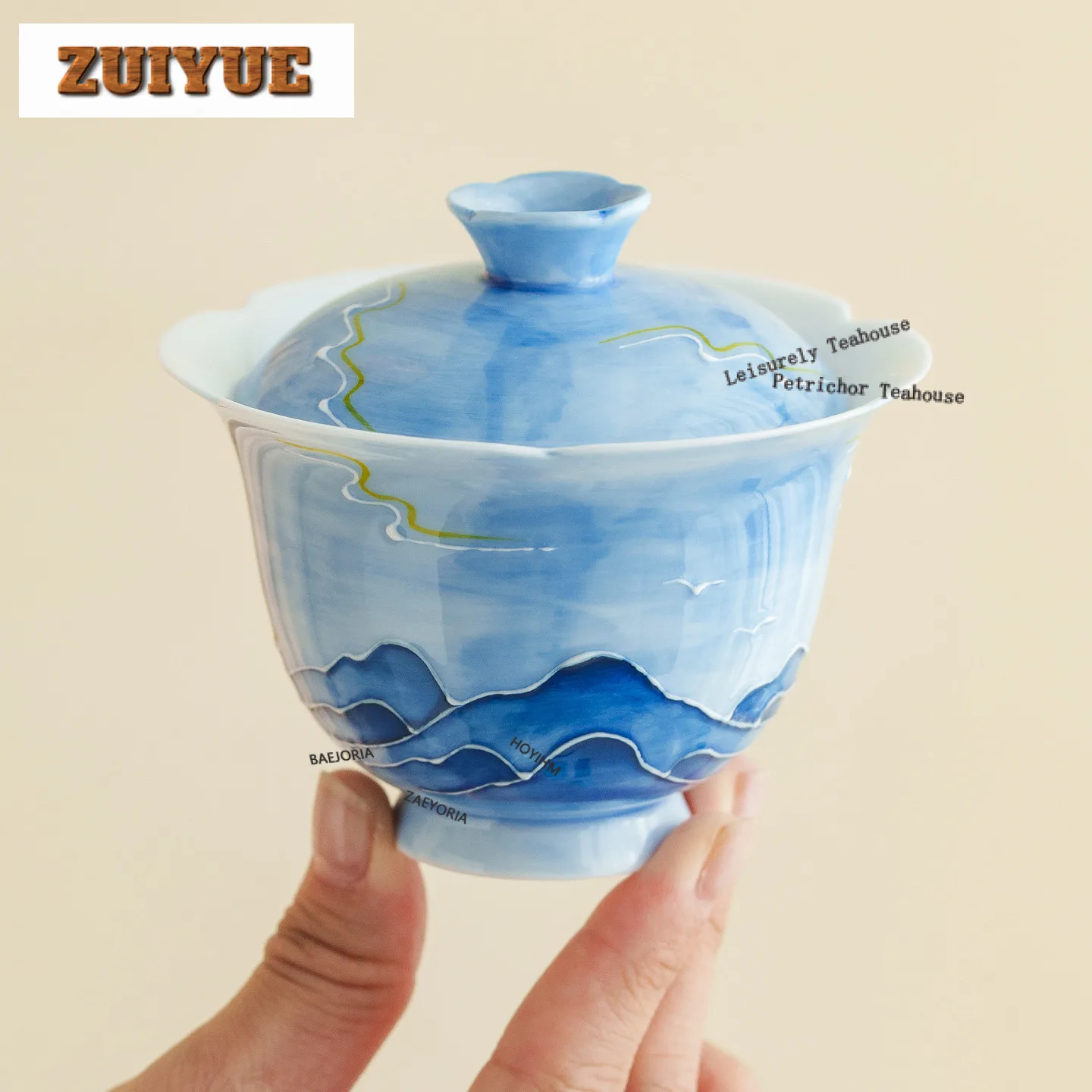 

120ml Hand Painted Blue Sky Mount Gaiwan Ancient Tea Tureen Tea Bowl With Lid Kit Tea Maker Cover Bowl For Tea Decoration