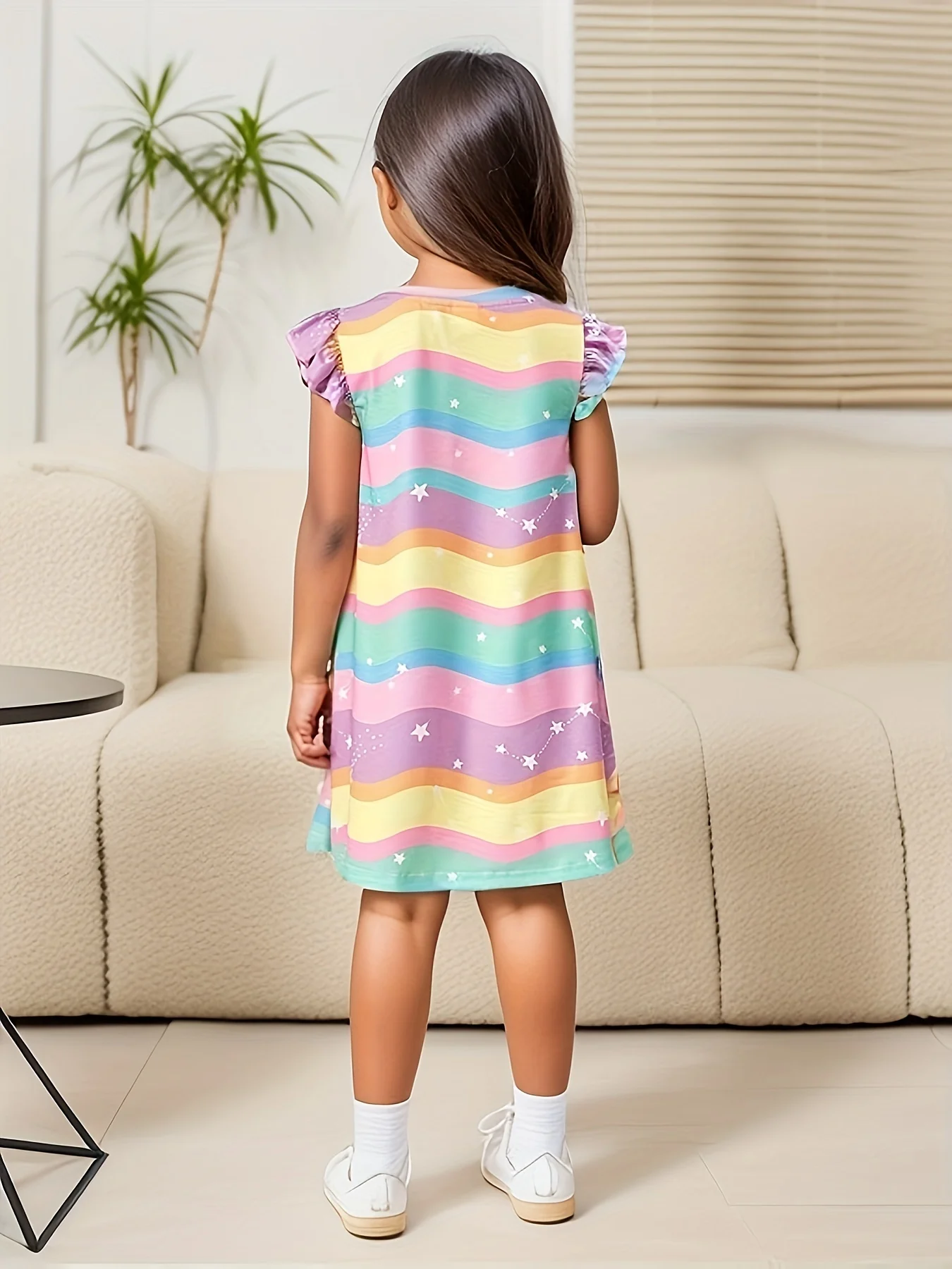 Abito da ragazza estivo Nuovo bambino Moda T-shirt carina Abito da bambino alla moda con maniche volanti piccole Abito a trapezio