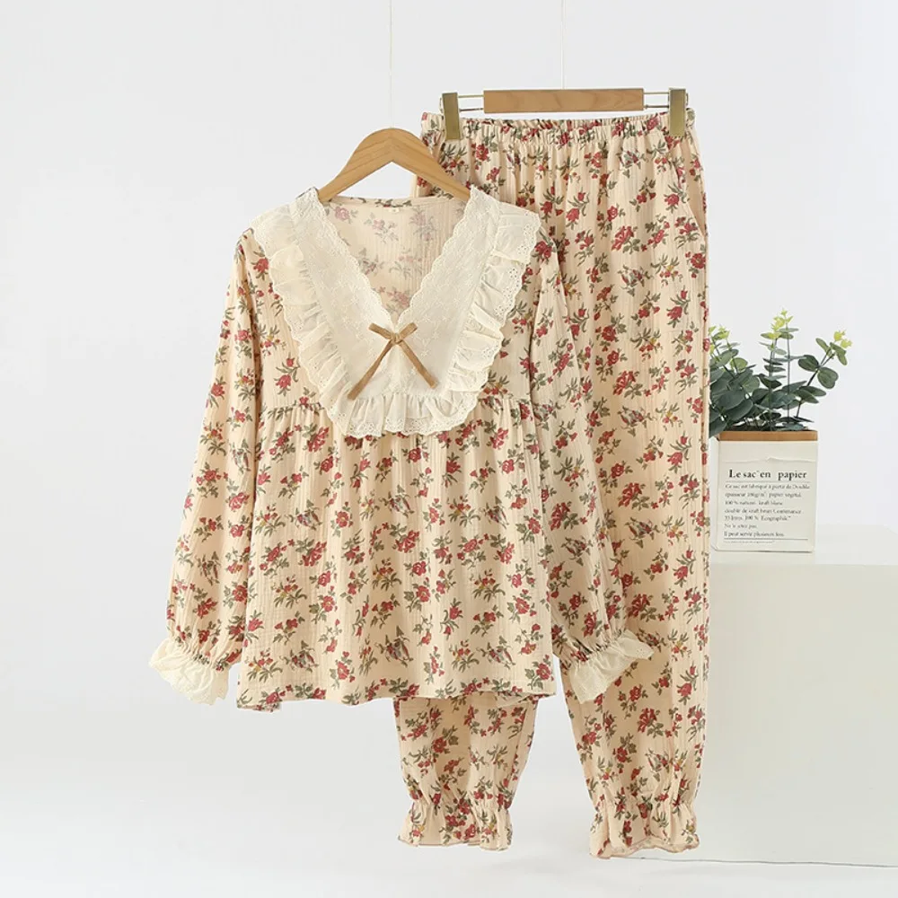 

Autumn Cotton Pajama Set for Women - Vintage Round Neck Long Sleeve & Pants Sleepwear Lightweight Loose Breathable Home Clothes