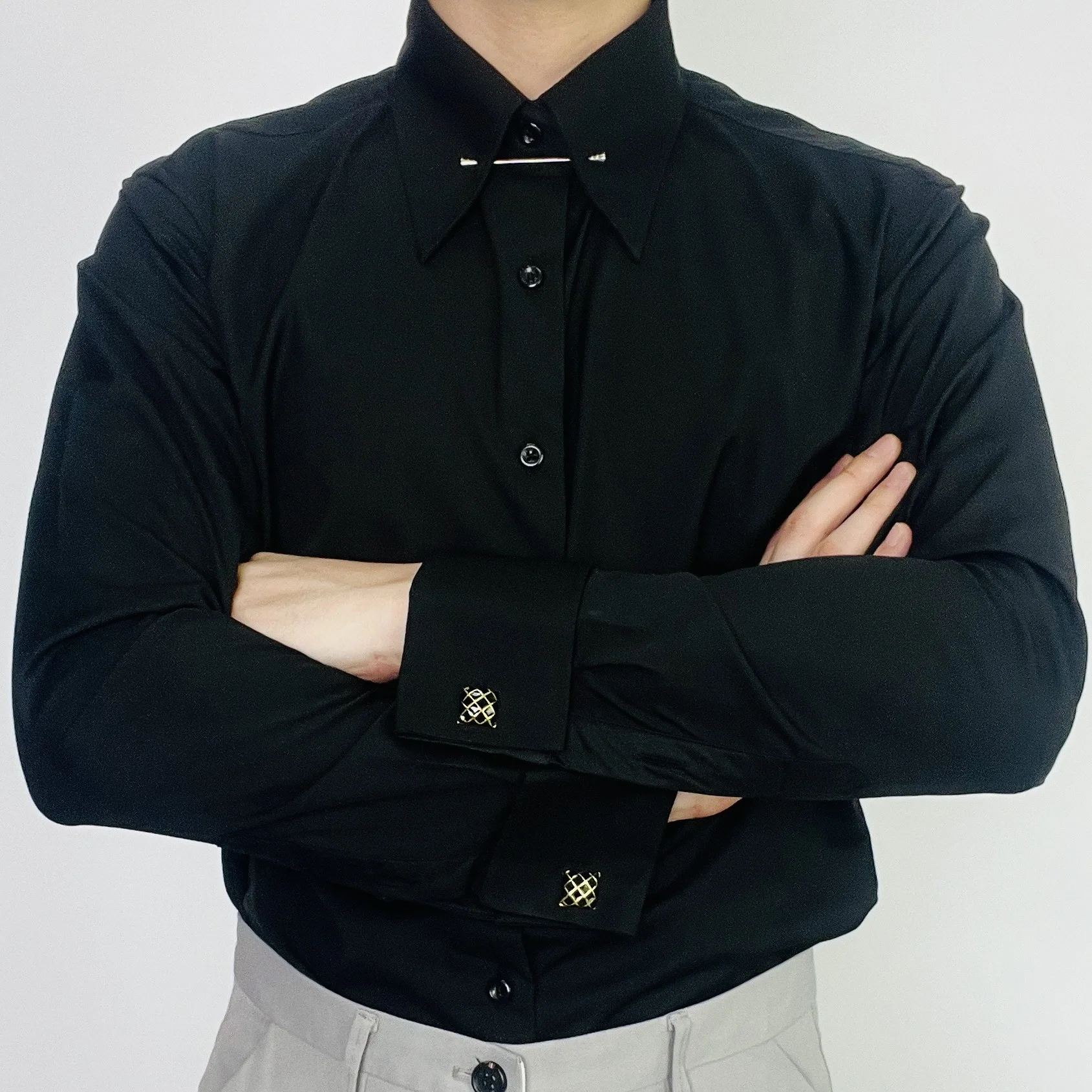 

Large Size Bamboo Fiber Long Sve irt Men's Busin Slim Anti-Wrinkle Button Bla Needle Hole Collar Ele Sle