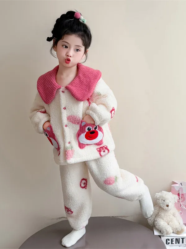 

Girls Spwear Set 2025 New Faion Baby Girl Flannel Warm Stberry Bear ket Turn-down Collar Home Clothes Two-piece Se...