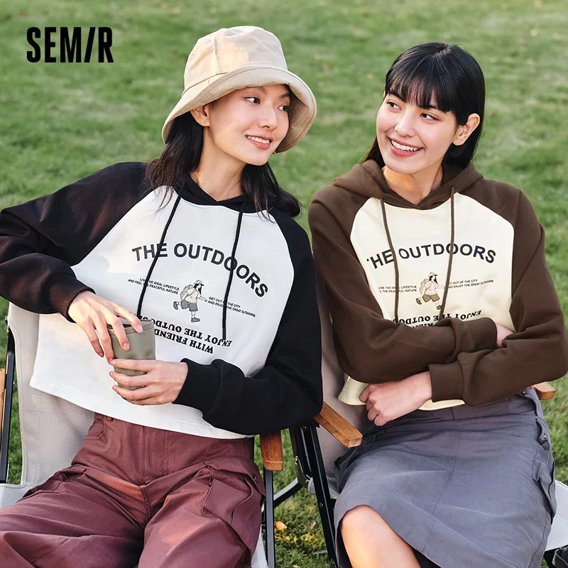 

Semir Hoodie Women Cropped Print Raglan Sleeve Color Block Loose 2025 New Spring Hooded Top
