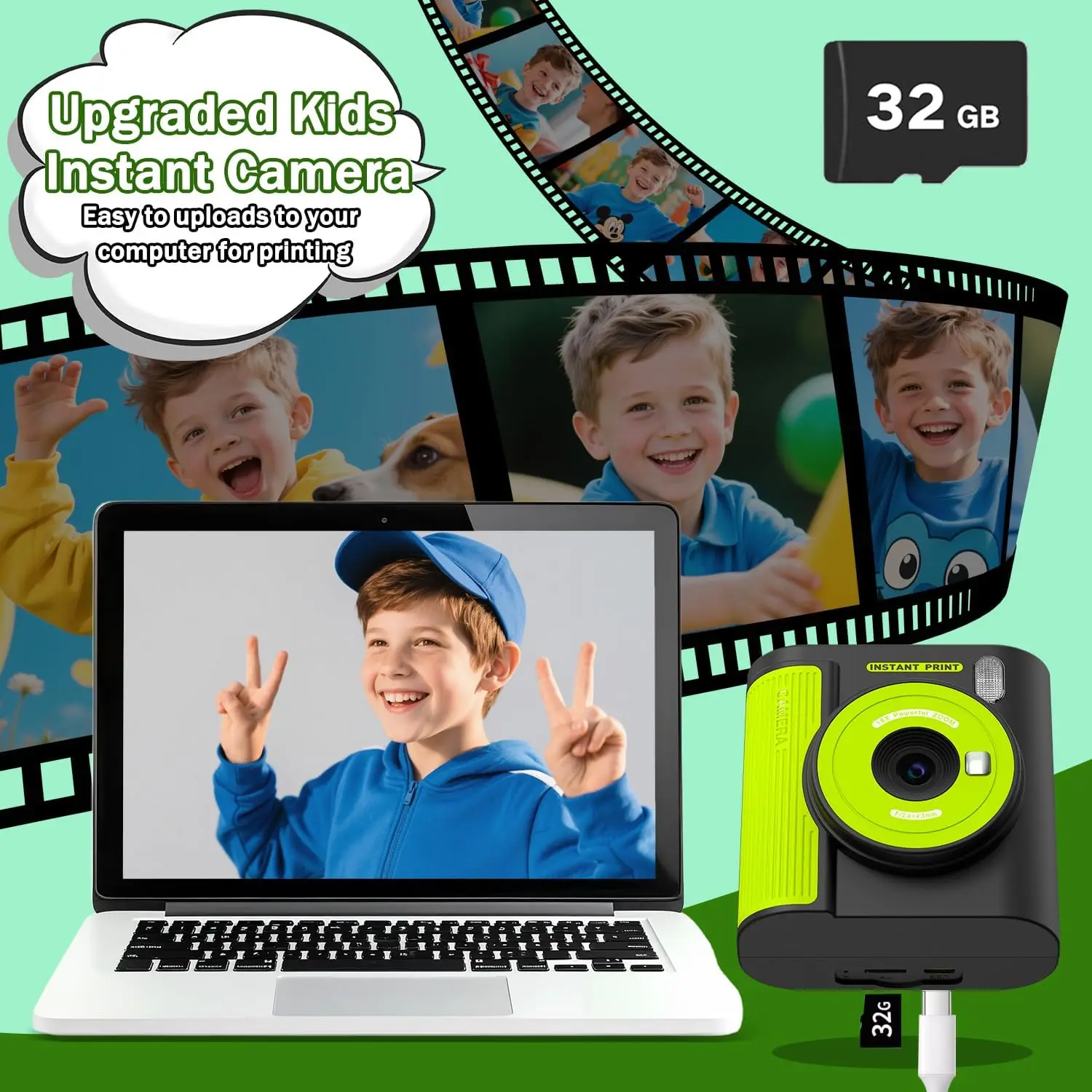 Câmera infantil de impressão instantânea, vídeo digital HD e câmera de impressão instantânea para crianças, presentes de aniversário de Natal, vem com cartão SD de 32 GB
