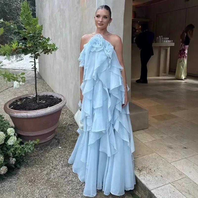 Luxo high-end feminino floral babados bolo em camadas sem costas halter vestido festa de casamento aniversário vestidos longos para férias femininas