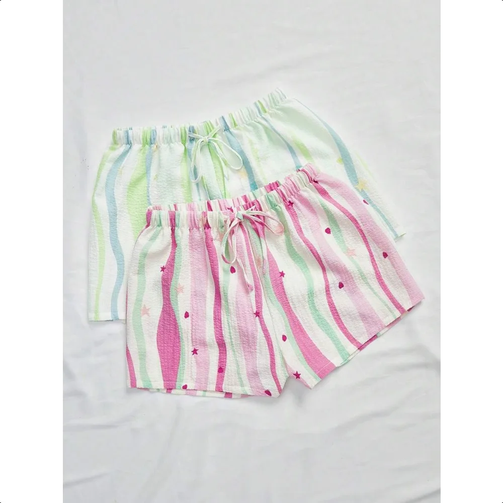 

2pcs/Set Colorful Wavy Striped Casual Lounge Shorts For Women