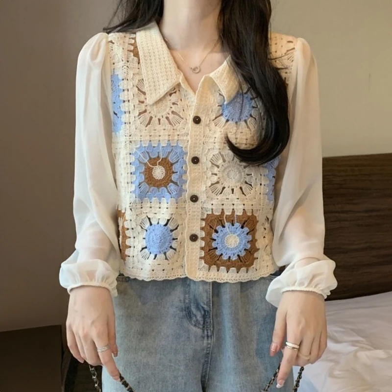 Granny Square Top Long Sleeve Button Front Collared Open-knit Crochet Cardigan Women Teengirl Spring Summer Fairycore Outfit