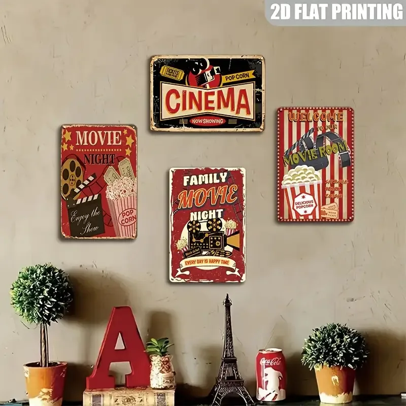 2D Flat, 4pcs Vintage Movie Night Metal Signs- 20x30 Cm Retro Popcorn& Cinema Wall Art Decor, Durable, Easy To Hang For Home Bar