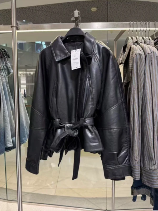 شتاء 2025 المرأة الأمريكية Sle مربوط Bla بولي Leather الجلود Jaet ort تنورة ملابس خارجية فضفاضة تناسب طويلة Sve سستة إغلاق #1