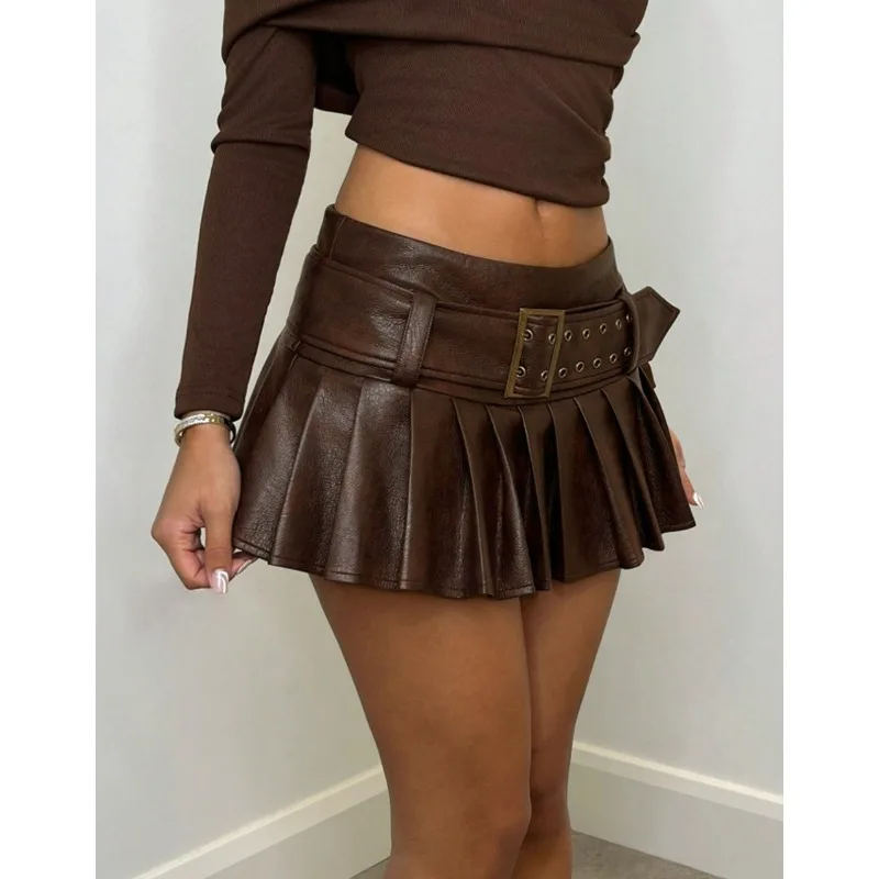 Fashion Pu Leather Patchwork Bodycon Skirt Woman Solid Color High Waisted Pleated A-line Skirt Female Streetwear American Retro