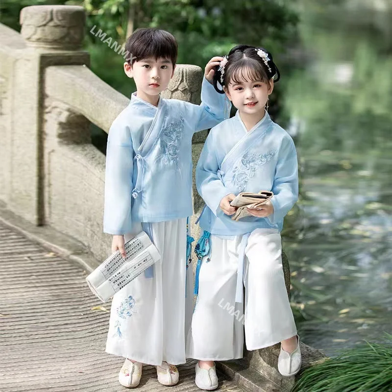 

Детский комплект Hanfu для мальчиков, новинка 2025, летний комплект в китайском стиле, женский древний костюм, платье для выступлений с вышивкой