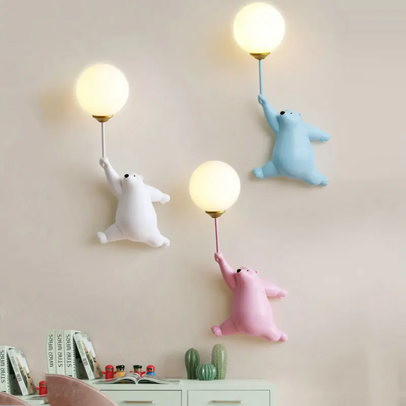 

G9 Cartoon Blue White Pink Bear Wall Lamp for Children Kids Baby Girl Bedroom Bedside Wall Light with 3D Printing Moon Lighting