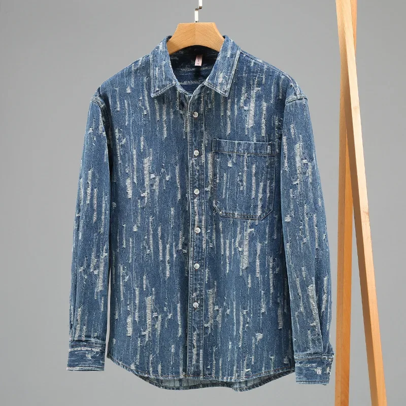 Korean Vintage Long Sleeve Blue Denim Shirt Men Streetwear Ripped Jean Shirts Casual Woven Printed Shirts Loose Cowboy Top Youth