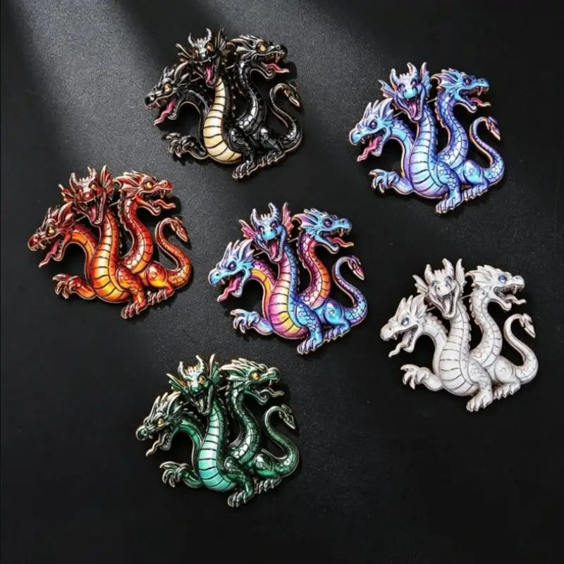 § Vintage Animal Three Headed Dragon Enamel Brooch Backpack Pins Women Coat Jewellery Accessories Gifts
