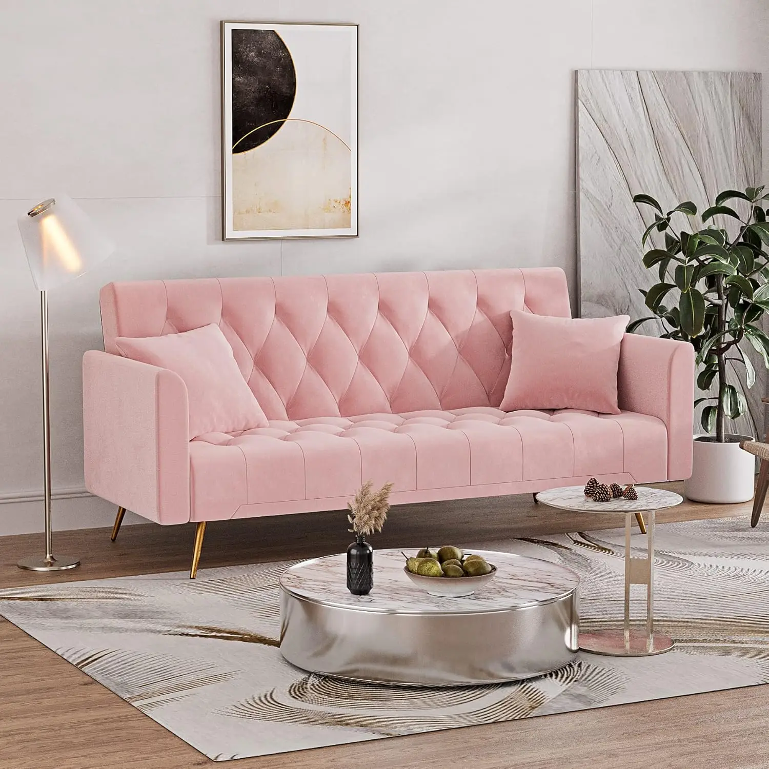 Velvet Futon Sofa Bed with 2 Pillows, Convertible Futon Couch, 71 inch Sleeper Sofa for Bedroom, Small Futon Sofas (Pink)