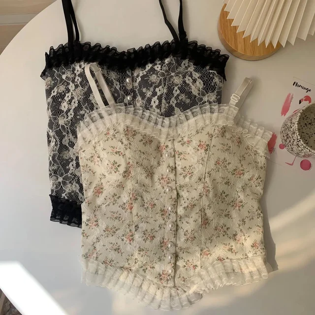 1PC damska koszulka na ramiączkach letnia francuska koronka kwiecista wzburzona bez stalowego pierścienia z miseczkami na piersi dziewczęca koszulka z krótkim rękawem Tank Top