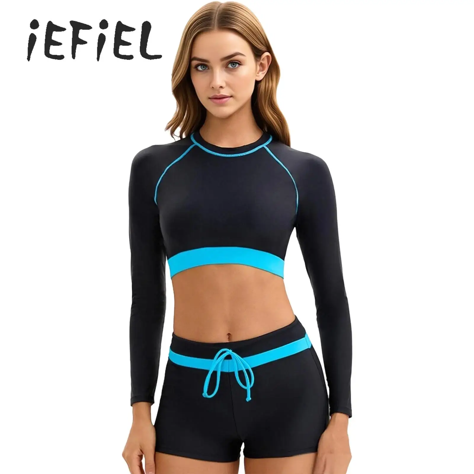 

Women Two Pieces Swimsuits Conservative Sun-protection Sporty Swimwear Long Sleeve Cheat Pads Short Top with Shorts Bathing Suit