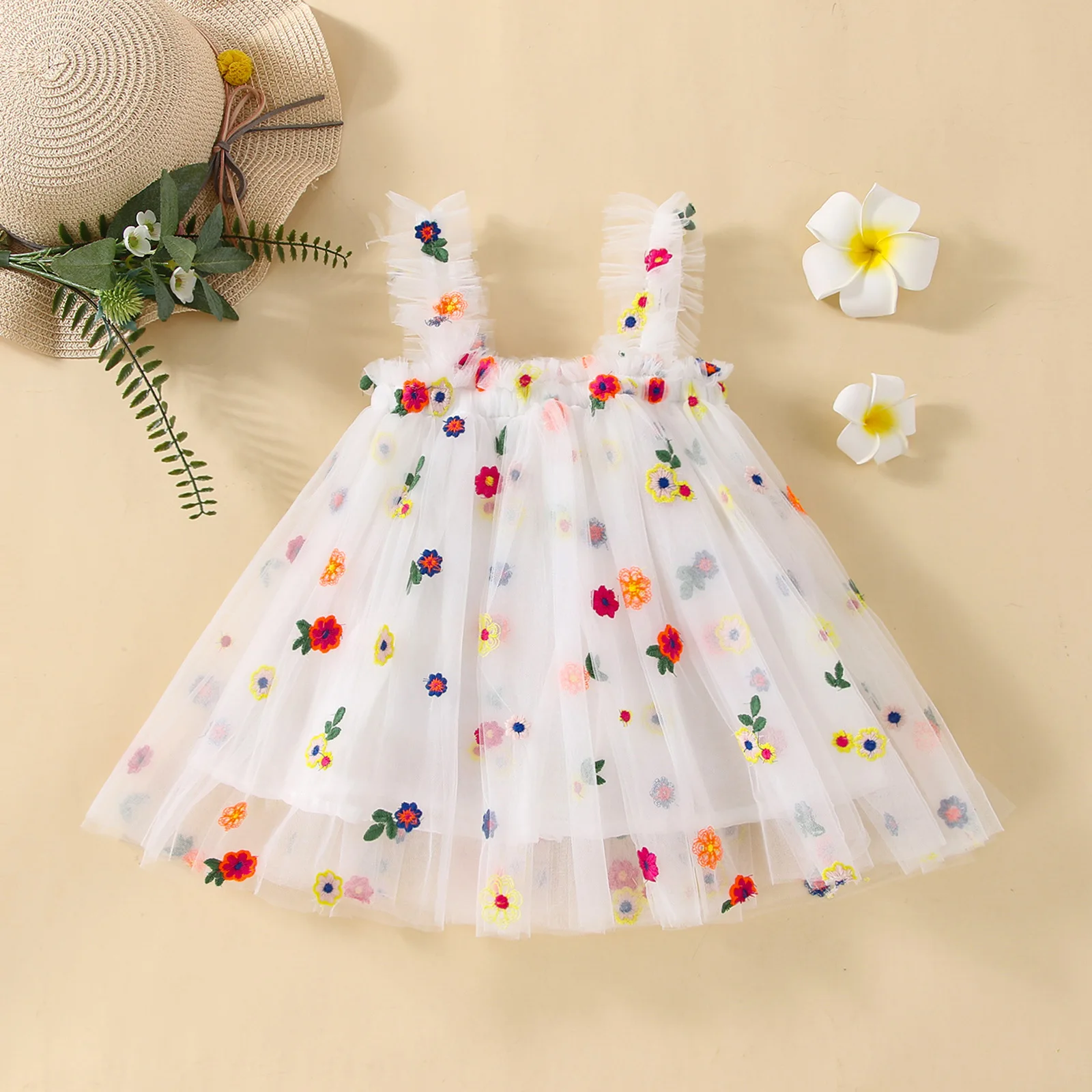 2024 New Baby Girl Clothes Multi Coloured Embroidered Floral Mesh Camisole Cute Baby Girl Dress Party Princess Fluffy Dresses