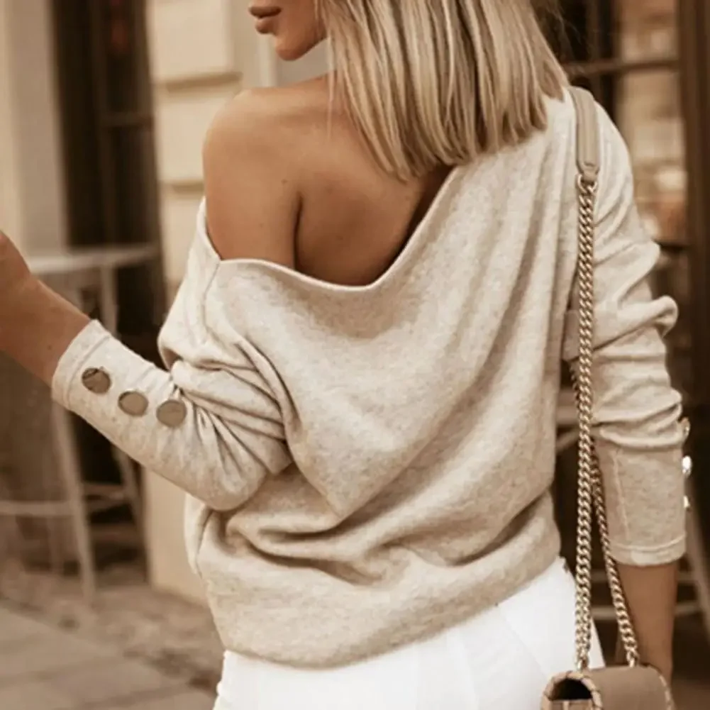 One Shoulder Lady Shirt Long Sleeve Buttons Decor Women Blouse Elegant Soft Pullovers Tops Loose Casual Blouses Shirt Spring