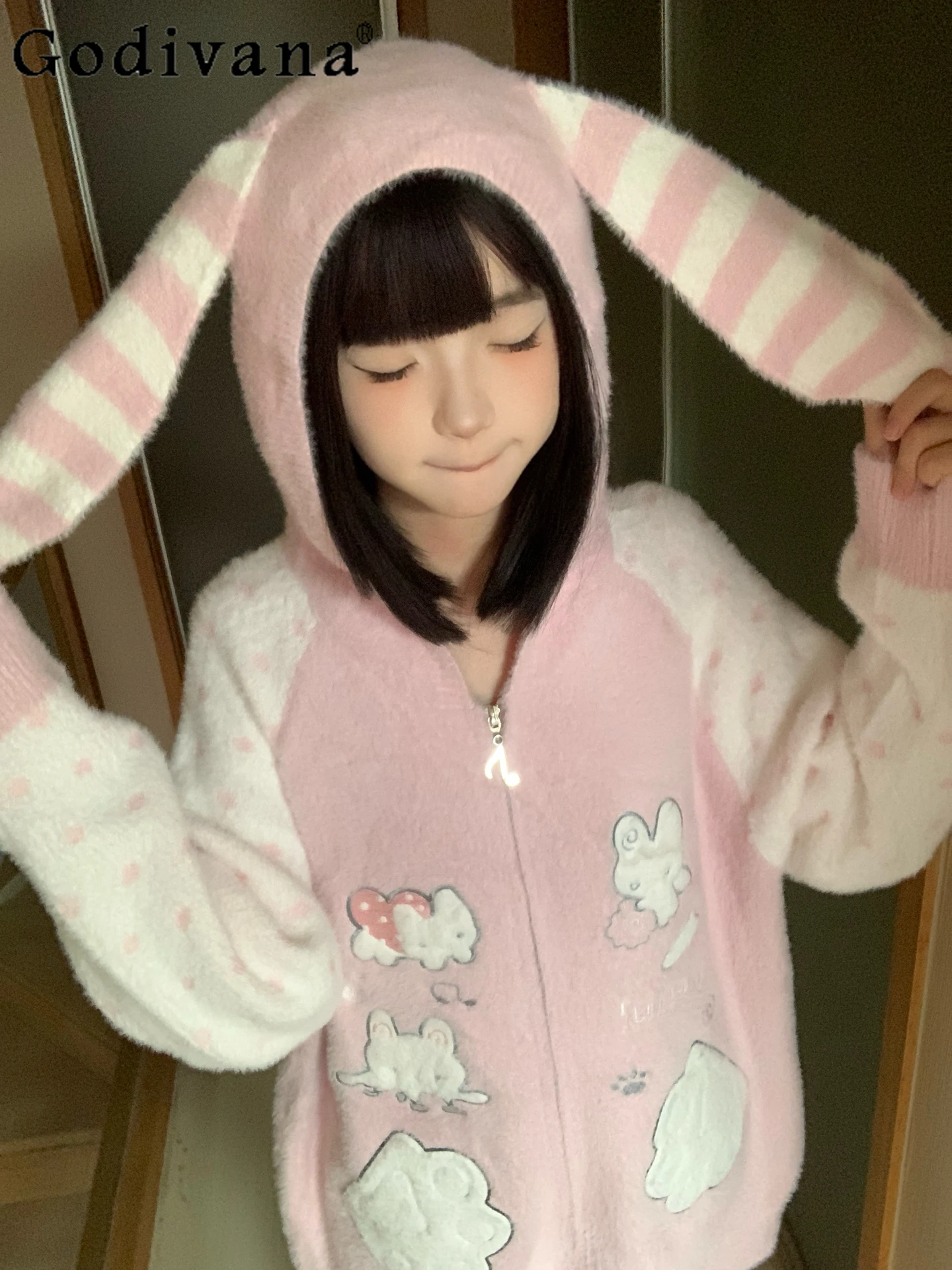 

Оригинальный японский милый вязаный кардиган с капюшоном для девочек, осень-зима, новый вязаный свитер Harajuku Y2K, пальто с капюшоном и заячьими ушками