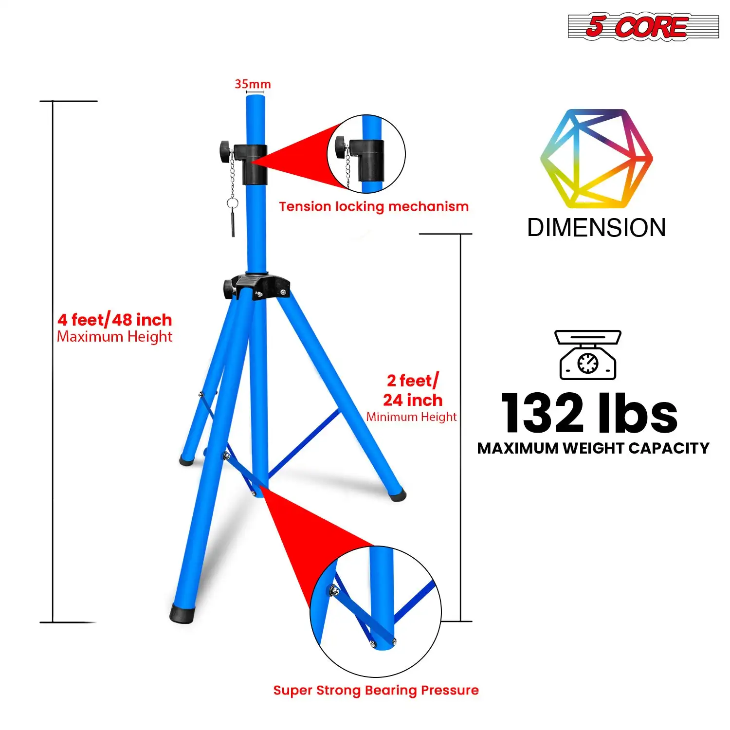 5 Core Speaker Stand Tripod Floor Short Adjustable DJ Studio Monitor Stands Pole Mount SS HD 1PK SKY BLU 4FT