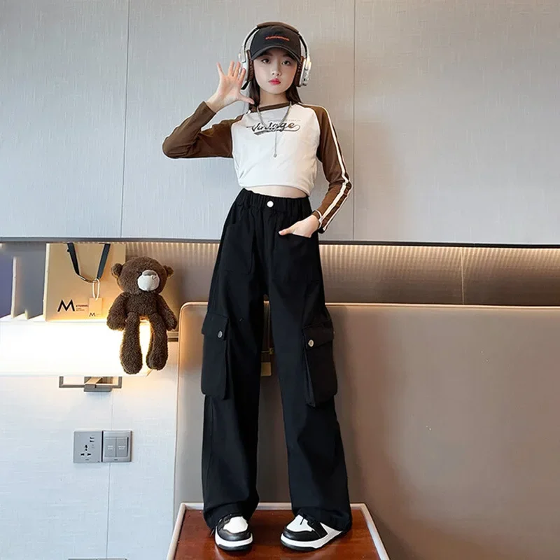 Baby Girl Pants Girls Spring and Autumn Pant 2024 New Style Large Children Fashion Loose Nail Buckle Cargo Pant Wide Leg Pants