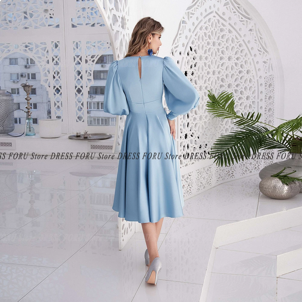 Elagant Short Evening Gown For Woman Long Sleeve V Neck Sky Blue Tea Length Simple Wedding Party Dresses Vetido De Fiesta 2023