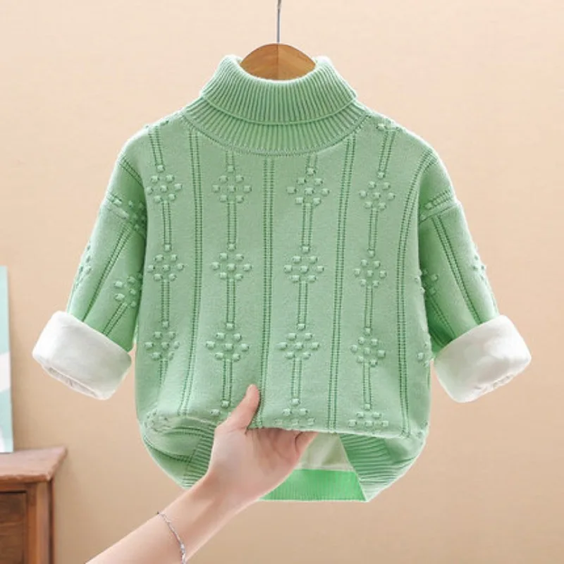 Kids Ruched Striped Knit Pullover Sweater Apparel Turtleneck for Girl Clothes Winter and Fall Children'S Costume Plush Blouse