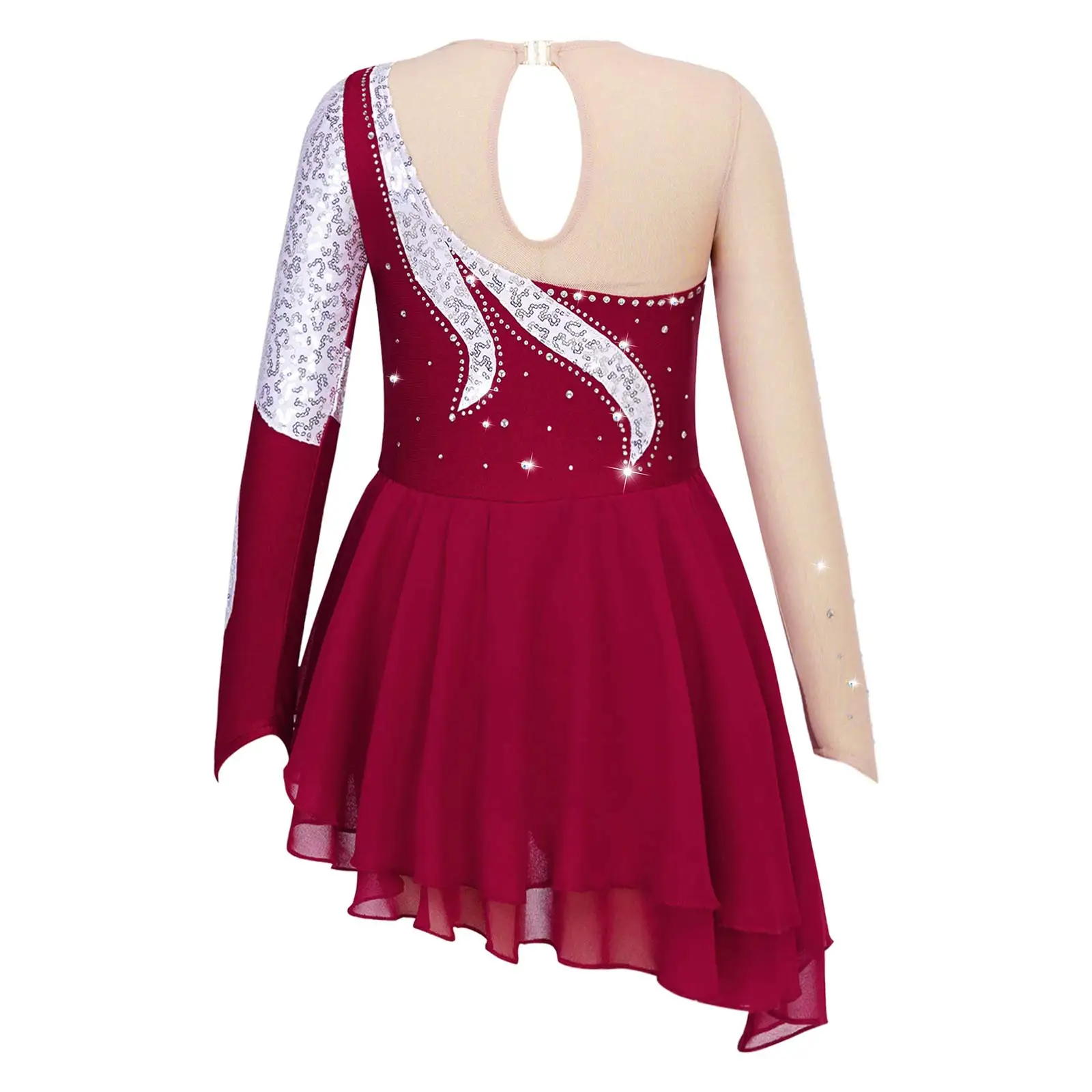 Kids Girls Long Sleeve Sequins Ballet Dance Dress Gymnastics Leotard Shiny Rhinestones Figure Ice Skating Costumes Dancewear