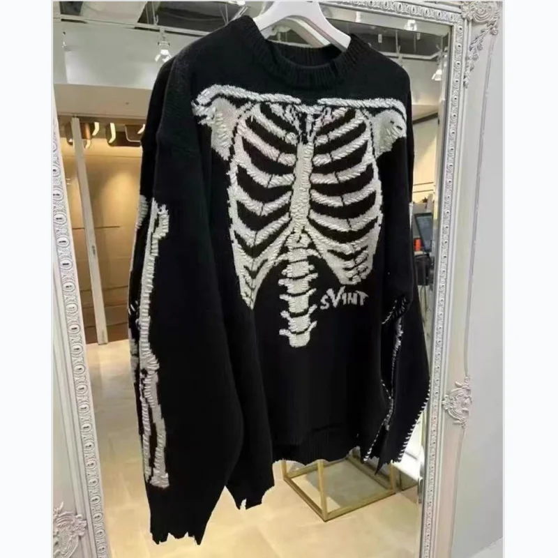 

Autumn Winter Streetwear Black Jacquard Knit Sweater Saint Oversized Fashion Heavyweight Men Women Distressed Crewneck Sweater