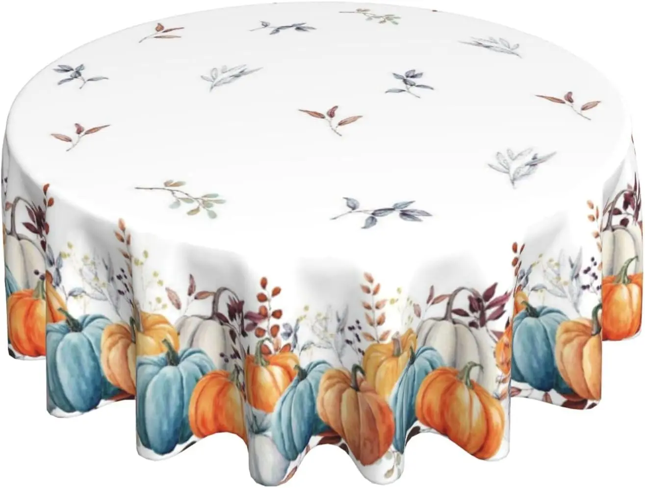 Fall Round Tablecloths 60 Inches Orange Blue Pumpkin Floral Leaves Decorative Round Tablecloths Autumn Thanksgiving Decoration