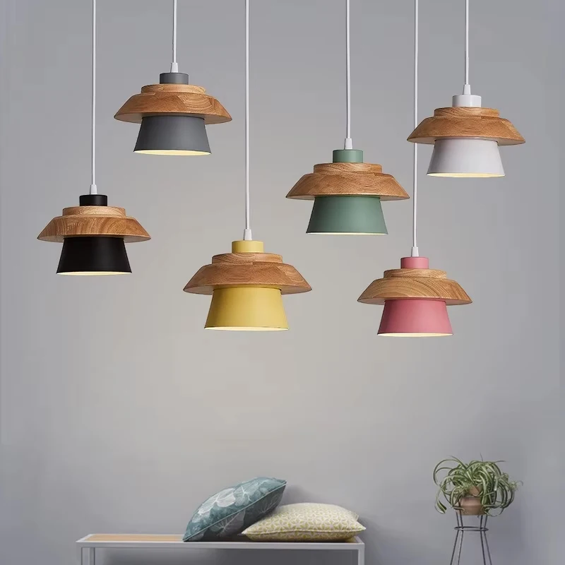 Modern Wood Pendant Light Nordic Macaron Colorful Minimalist Hanging Lamps Living Room Bedside Coffee Indoor Decoration Lighting