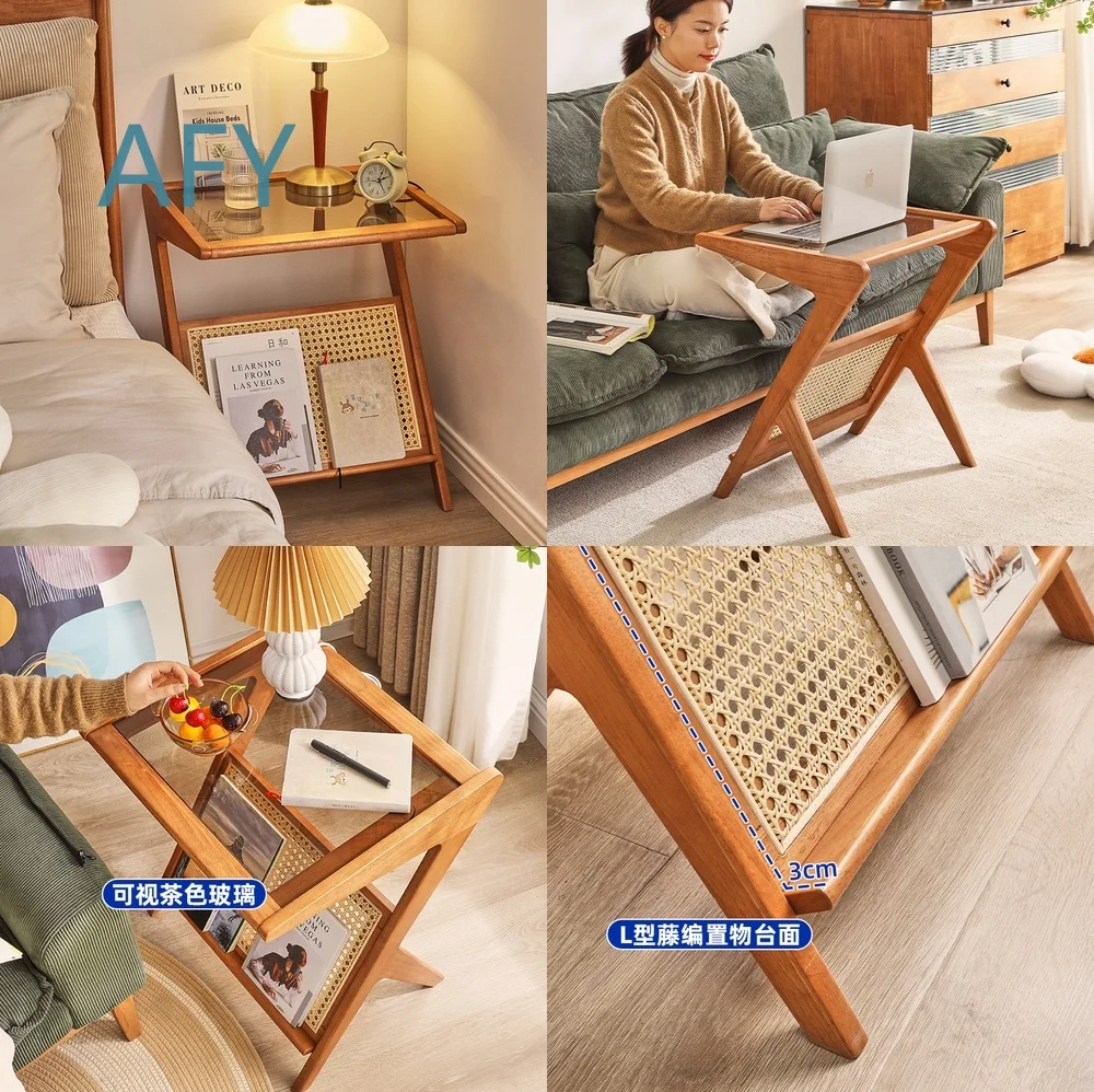 Solid Wood Sofa Side Table for Living Room Coffee Table Rack with Removable Rattan Edge Corner Design Glass Top Minimalist