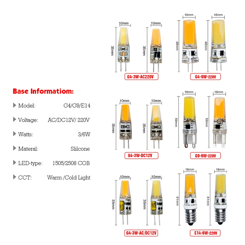 Imagem -02 - Brightest Led Cob Bulb E14 g4 g9 ac dc 12v 220v 3w 6w Quente Branco Frio Holofotes Substituir a Luz de Halogênio Atacado Peças 10