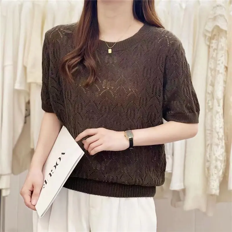 Women Clothing Summer Fashion Hollow Simple Casual Knitted Sweaters Ladies Solid O Neck Short Sleeve Loose Pullover Tops Jumpers