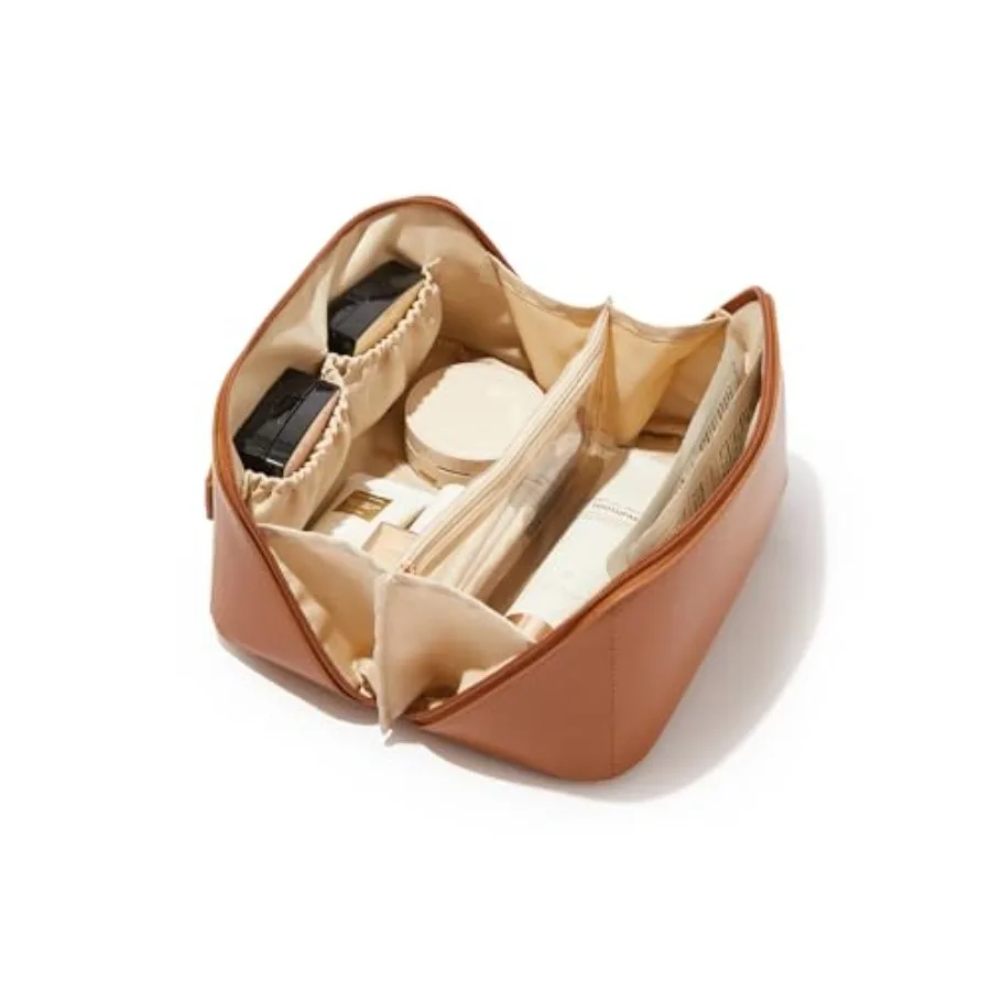

Travel Makeup Bag, Capacity Cosmetic Bag for Women, Waterproof PU Leather, Flat Open Portable Toiletry Bag for Skincare, Brushe