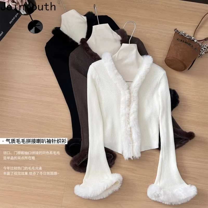 Cropped Cardigan Women Clothing Patchwork Furry V-neck Tunic Pull Femme Flare Sleeve Fashion Casual Knit Sweater Sueter Mujer