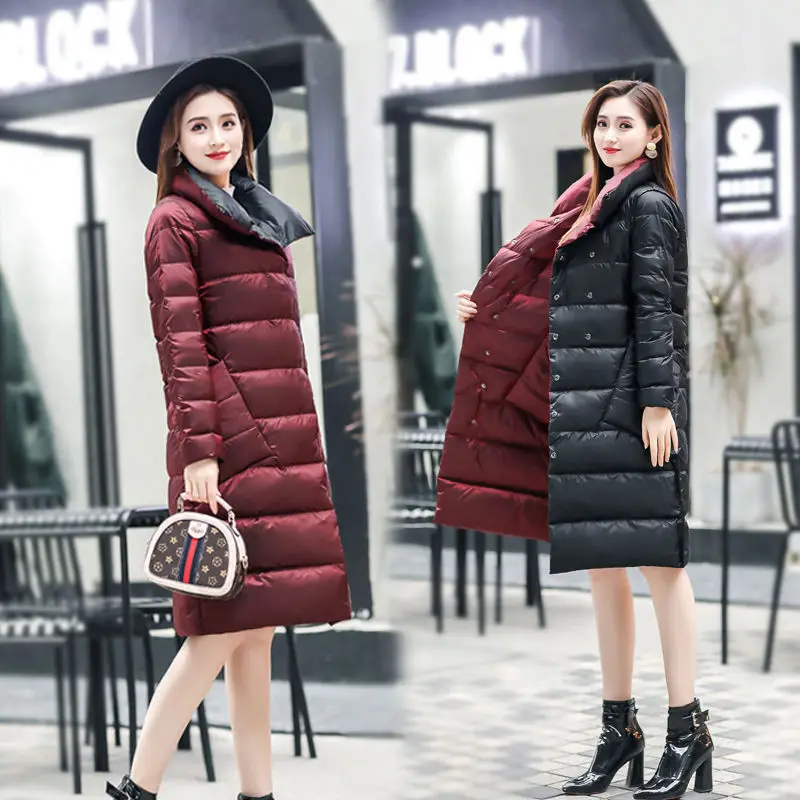 2022 Fashion Women Double Sided Down Long Jacket Winter Turtleneck White Duck Down Coat Double Breasted Warm Padded Parkas Snow