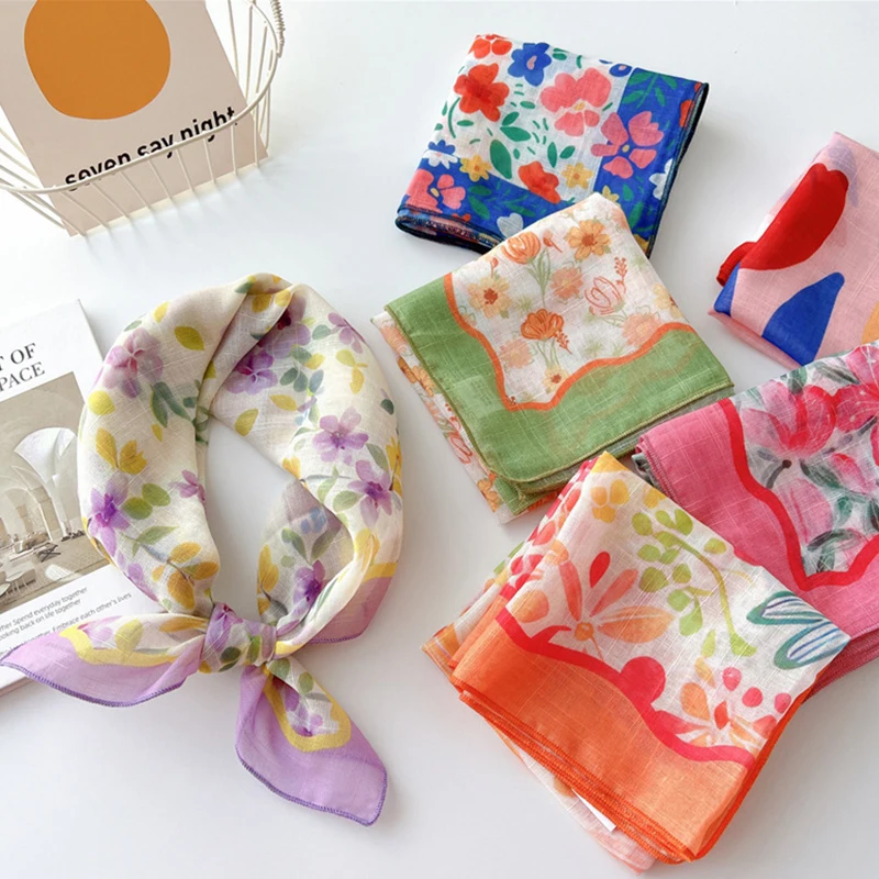 Small Square Scarf Cotton Linen Floral Print Hair Scarf Neckerchief Tulip Flower Neck Scarves Summer Headscarf Fashion Headband