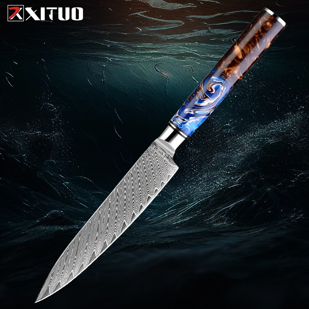 XITUO 5 inch Utility Knife, Japanese VG-10 Damascus Steel Kitchen Paring Knife, Ultra Sharp Fruit Knife with Full-tang Handle