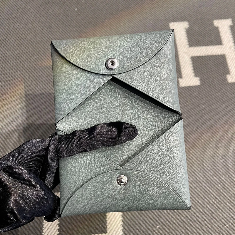 Genuine Goat Leather Key Coin Document Wallet Button Closure Almond Green Compact Wallet for Men And Women