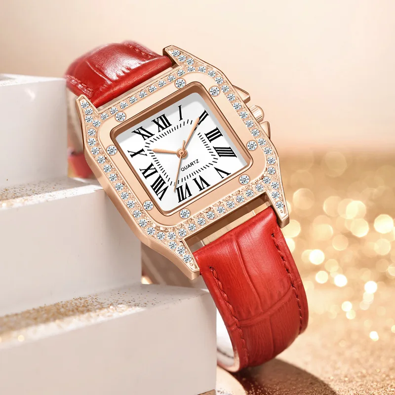 UTHAI L63 Watch For Women Fashion Light Luxury Diamond Inlaid Leather Watch Strap Roman Square Ladies Quartz Wristwatches